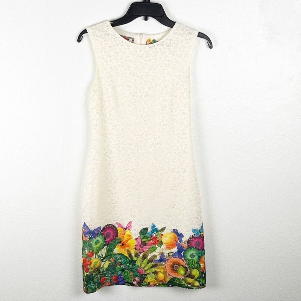 DESIGUAL Cream Lace Butterfly Floral Hem Lined Sleeveless Dress, Size XS